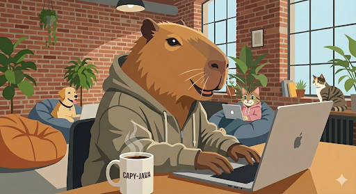 A capybara in a hoodie working on a laptop at a cozy coffee shop, with a mug labeled CAPY-JAVA